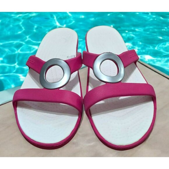 Crocs Sanrah Circle Slide Sandals Pink White Slip-On Pool Beachwear Womens 9 - Picture 1 of 10